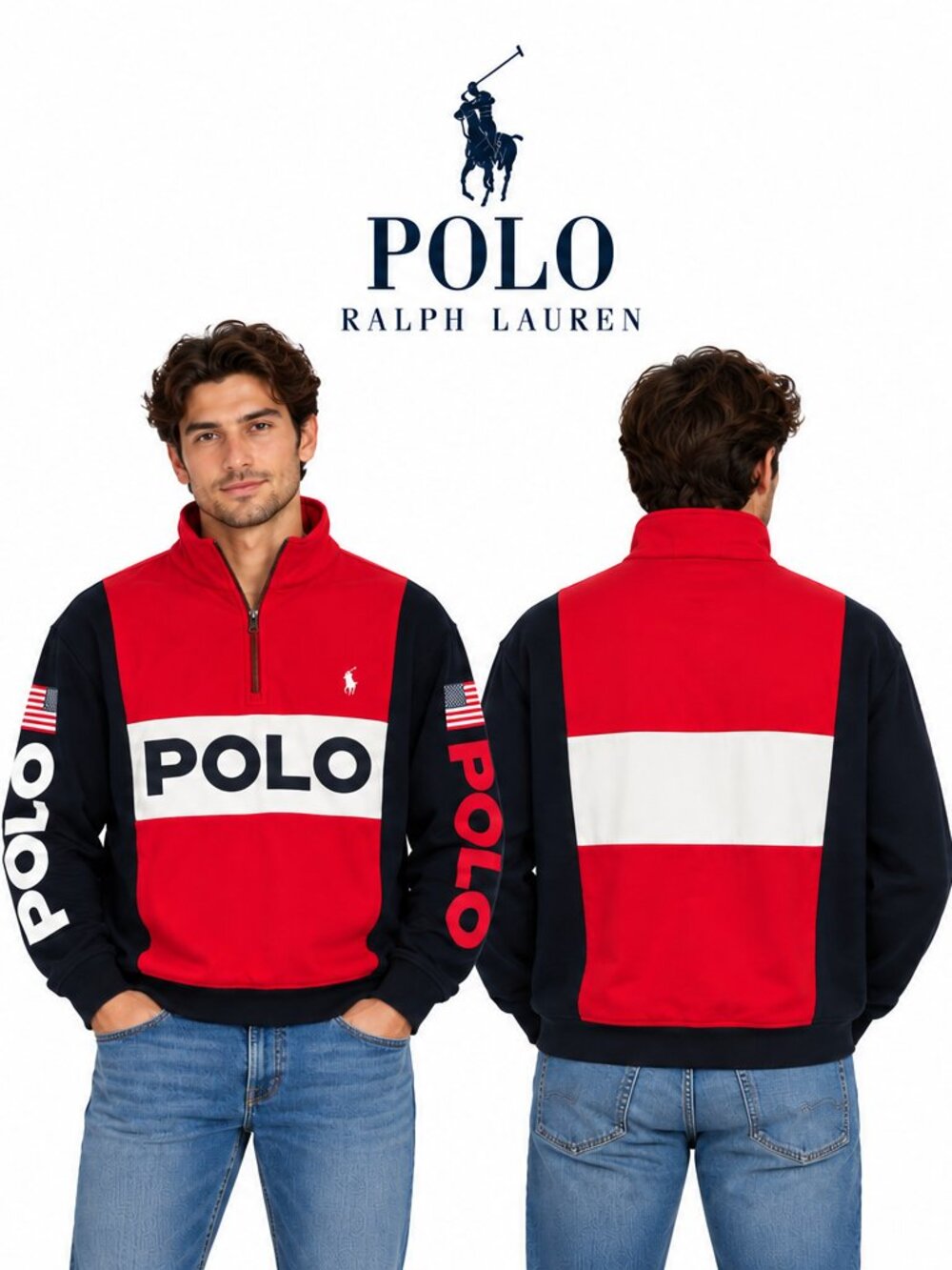 Polo Ralph Lauren Mens Colorblock Quarter Zip Sweatshirt Red Navy White Small